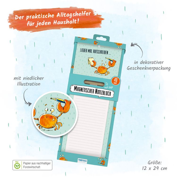 Produktbild: Tr&ouml;tsch Notizblock mit Stift und Magnet Krabbe