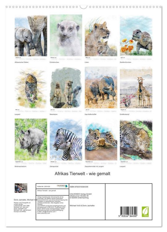 Produktbild: Afrikas Tierwelt - wie gemalt (hochwertiger Premium Wandkalender 2026 DIN A2 hoch), Kunstdruck in Hochglanz