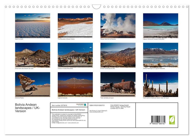 Produktbild: Bolivia Andean landscapes / UK-Version (Wall Calendar 2026 DIN A3 landscape), CALVENDO 12 Month Wall Calendar