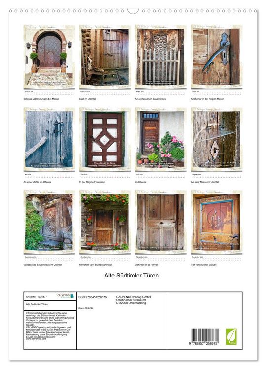 Produktbild: Alte S&uuml;dtiroler T&uuml;ren (hochwertiger Premium Wandkalender 2026 DIN A2 hoch), Kunstdruck in Hochglanz
