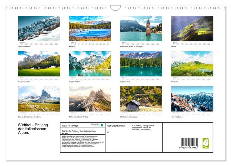 Produktbild: S&uuml;dtirol - Entlang der italienischen Alpen. (Wandkalender 2026 DIN A3 quer), CALVENDO Monatskalender