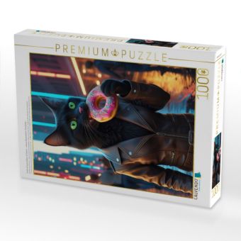 Produktbild: CALVENDO Puzzle Coole schwarze Katze mit Donut - urbanes Katzenbild f&uuml;r Trendsetter | 1000 Teile Lege-Gr&ouml;&szlig;e 64x48cm Foto-Puzzle f&uuml;r gl&uuml;ckliche Stunden