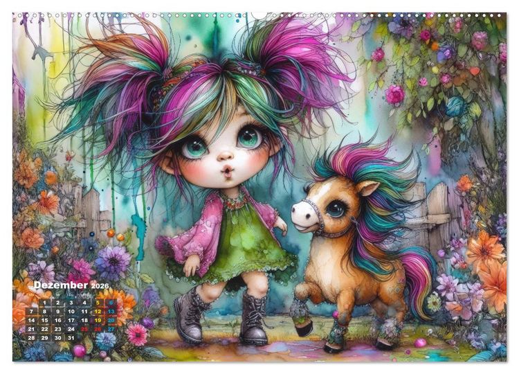 Produktbild: Kunterbunte Freundschaften - Fr&ouml;hliche M&auml;dchen und ihre tierischen Freunde (hochwertiger Premium Wandkalender 2026 DIN A2 quer), Kunstdruck in Hochglanz