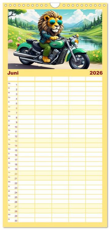 Produktbild: Familienplaner 2026 - Tierische Motorradfahrer mit 5 Spalten (Wandkalender, 21 x 45 cm) CALVENDO