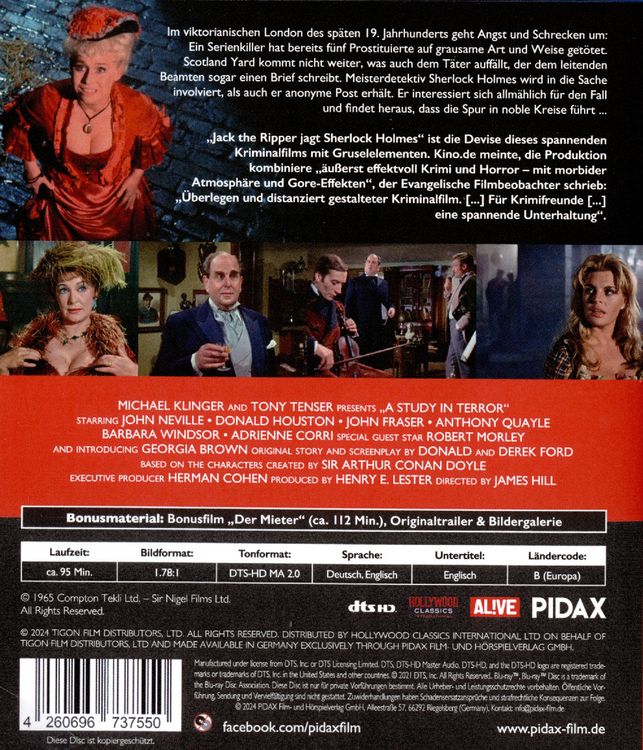 Produktbild: Sherlock Holmes&lsquo; gr&ouml;&szlig;ter Fall (Study in Terror) / Spannende Jagd auf Jack the Ripper mit absoluter Starbesetzung + Bonusfilm: DER MIETER (Pidax Film-Klassiker)
