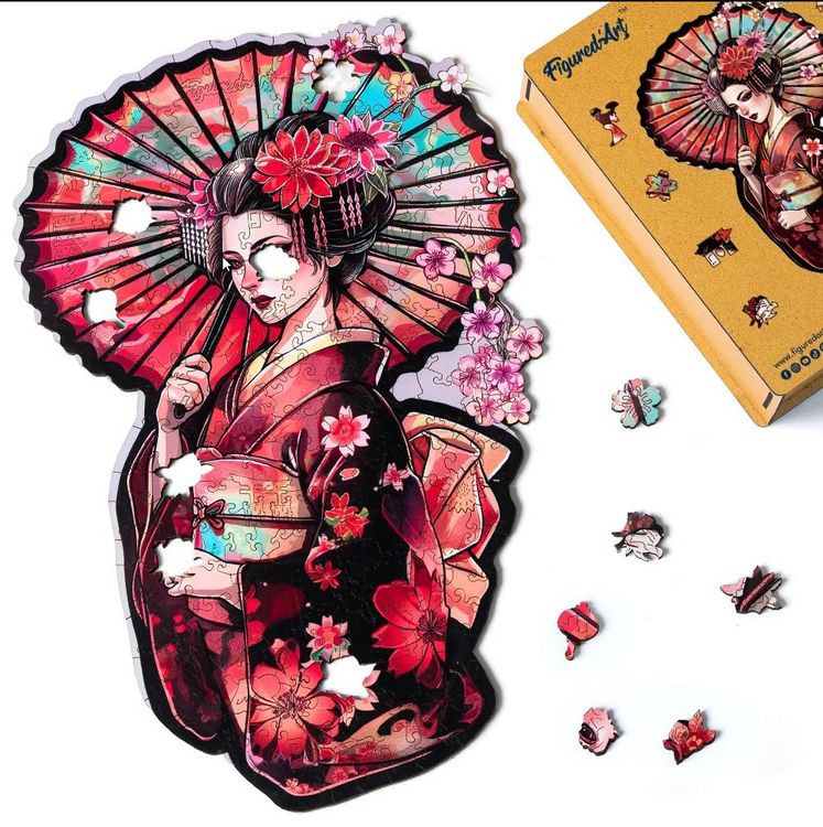 Produktbild: FiguredArt - Holzpuzzle Erwachsene - Geisha mit Sonnenschirm, 200 Teile, 26x39,5 cm