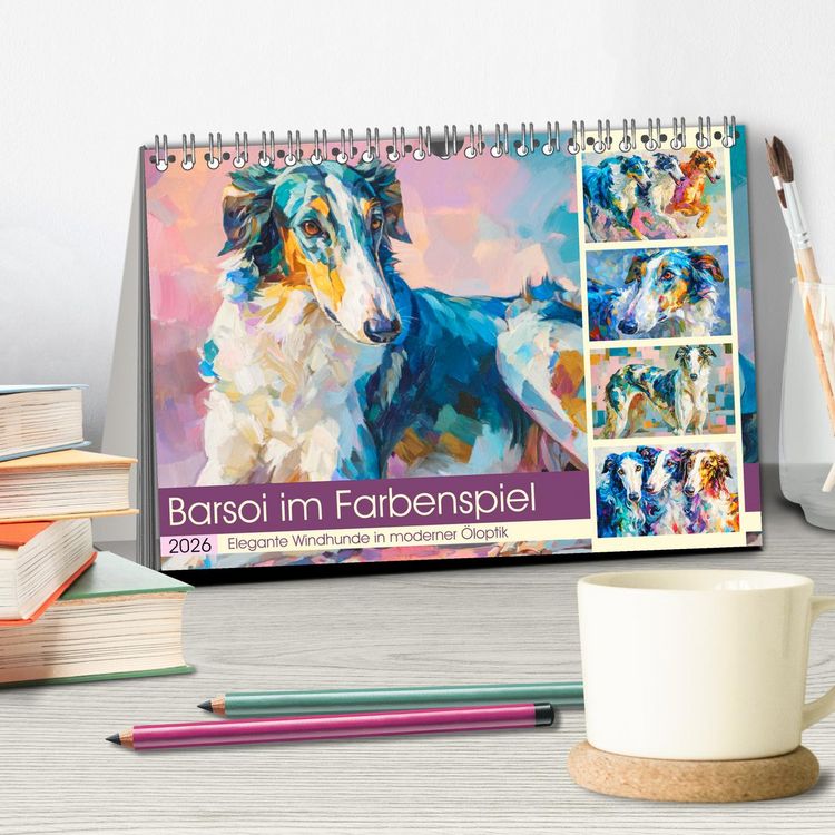 Produktbild: Barsoi im Farbenspiel. Elegante Windhunde in moderner &Ouml;loptik (Tischkalender 2026 DIN A5 quer), CALVENDO Monatskalender