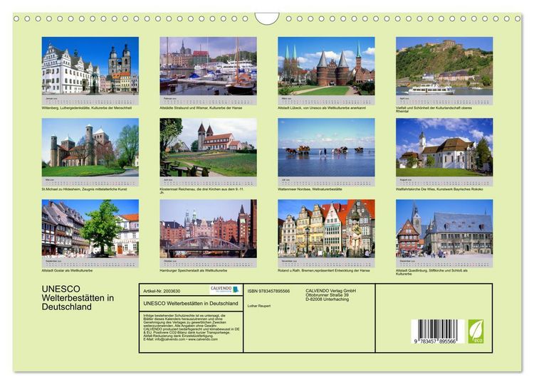 Produktbild: UNESCO Welterbest&auml;tten in Deutschland (Wandkalender 2026 DIN A3 quer), CALVENDO Monatskalender