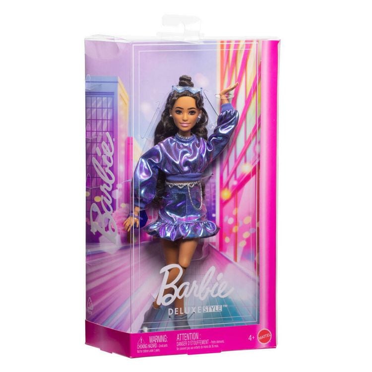 Produktbild: Barbie Deluxe Style-Modepuppe #7 in blauem Metallic-Top und Rock mit Accessoires, brünett