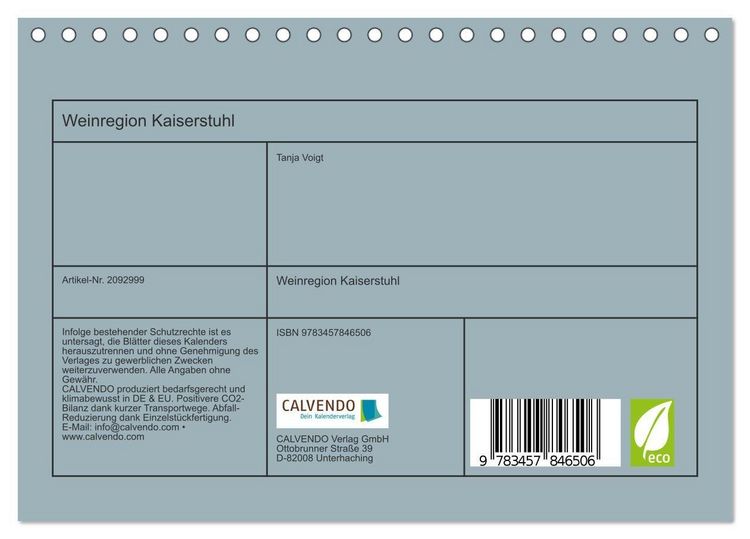 Produktbild: Weinregion Kaiserstuhl (Tischkalender 2026 DIN A5 quer), CALVENDO Monatskalender