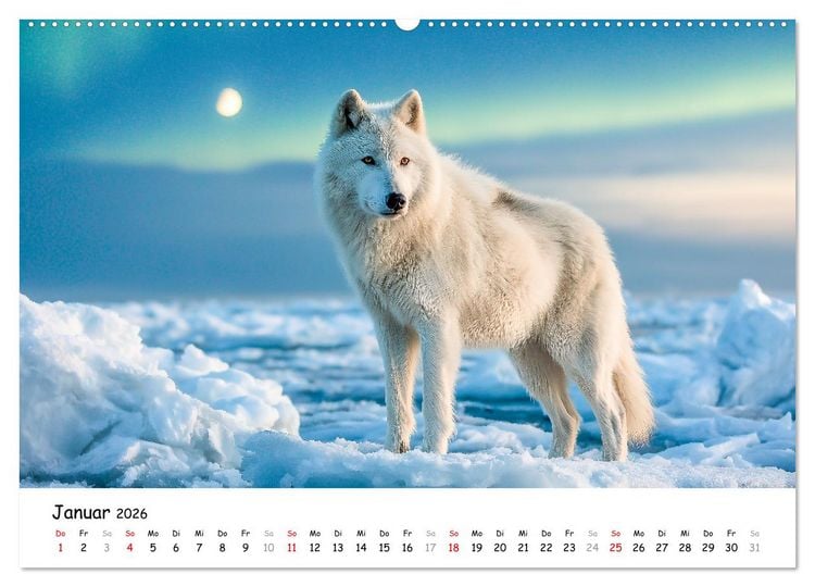 Produktbild: W&ouml;lfe im Mondlicht - Ruf der Wildnis (hochwertiger Premium Wandkalender 2026 DIN A2 quer), Kunstdruck in Hochglanz