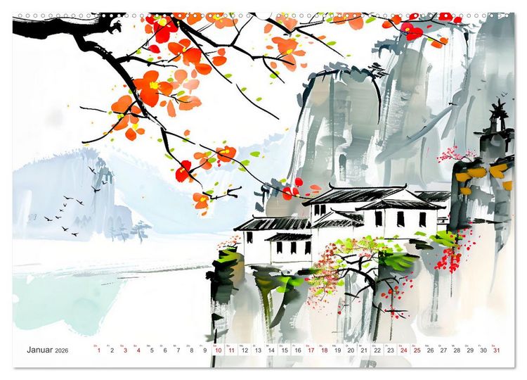 Produktbild: Fernost Impressionen - Tempel und Landschaften in KI-Tuschekunst (hochwertiger Premium Wandkalender 2026 DIN A2 quer), Kunstdruck in Hochglanz