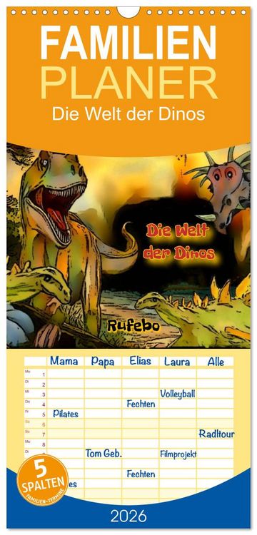Produktbild: Familienplaner 2026 - Die Welt der Dinos mit 5 Spalten (Wandkalender, 21 x 45 cm) CALVENDO