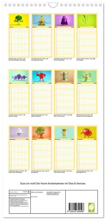 Produktbild: Familienplaner 2026 - Esse ich nicht! Der freche Kinderkalender mit Obst & Gem&uuml;se mit 5 Spalten (Wandkalender, 21 x 45 cm) CALVENDO