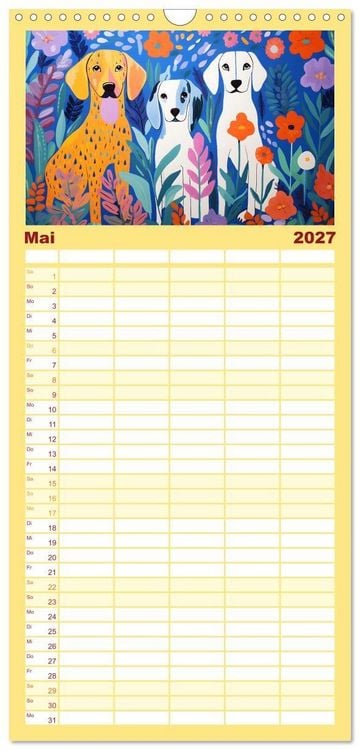 Produktbild: Familienplaner 2027 - Hunde Kunstwerke - Hunde im Stil des Fauvismus k&uuml;nstlerisch gestaltet mit 5 Spalten (Wandkalender, 21 x 45 cm) CALVENDO