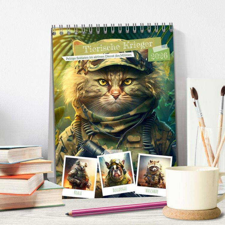 Produktbild: Tierische Krieger. Pelzige Soldaten im aktiven Dienst des Milit&auml;rs (Tischkalender 2026 DIN A5 hoch), CALVENDO Monatskalender