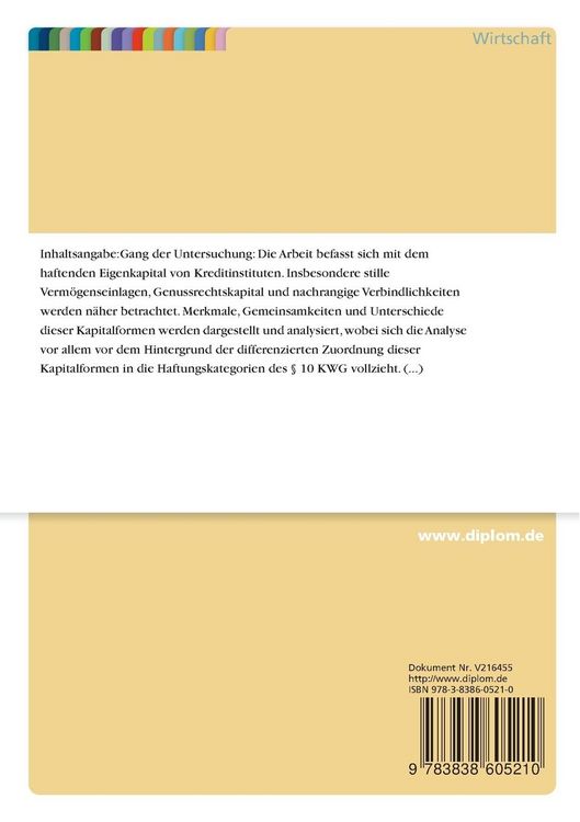 Produktbild: Verm&ouml;genseinlagen stiller Gesellschafter, Genu&szlig;rechtskapital und nachrangige Verbindlichkeiten als haftendes Eigenkapital von Kreditinstituten
