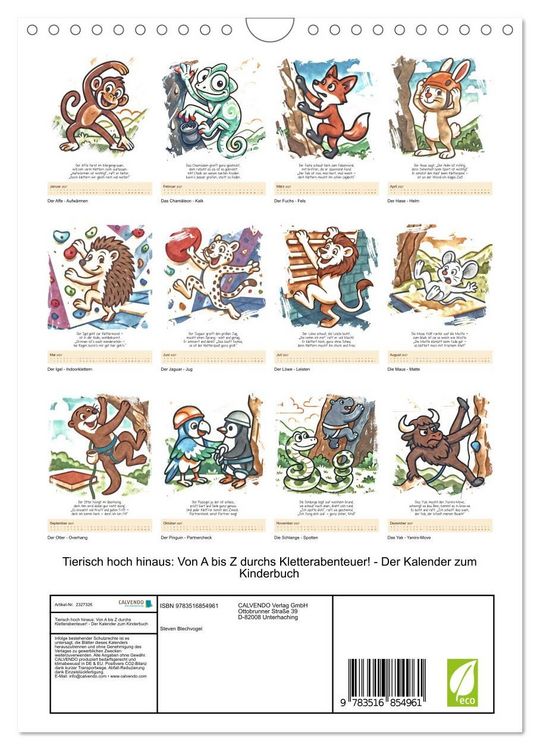 Produktbild: Tierisch hoch hinaus: Von A bis Z durchs Kletterabenteuer! - Der Kalender zum Kinderbuch (Wandkalender 2027 DIN A4 hoch), CALVENDO Monatskalender