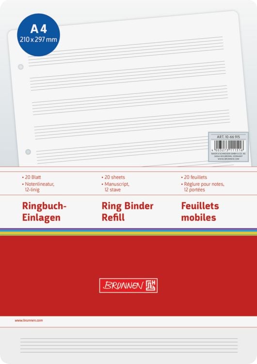 Produktbild: Brunnen Ringbucheinlagen | A4, Notenlineatur 12-linig, wei&szlig;, 20 Blatt