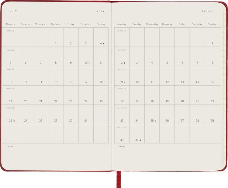 Produktbild: Moleskine 12 Monate Wochen Notizkalender 2027, Pocket/A6, 1 Wo = 1 Seite, rechts linierte Seite, Fester Einband, Scharlachrot