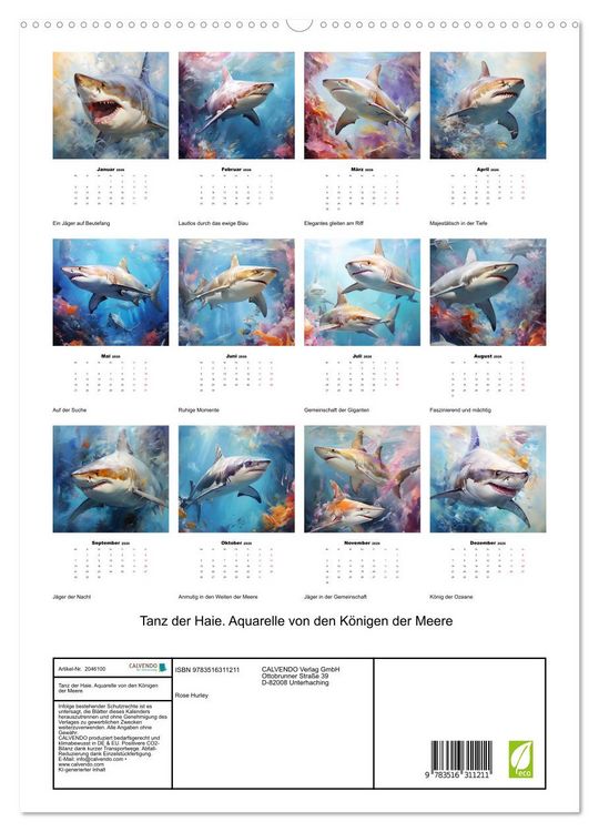 Produktbild: Tanz der Haie. Aquarelle von den K&ouml;nigen der Meere (hochwertiger Premium Wandkalender 2026 DIN A2 hoch), Kunstdruck in Hochglanz