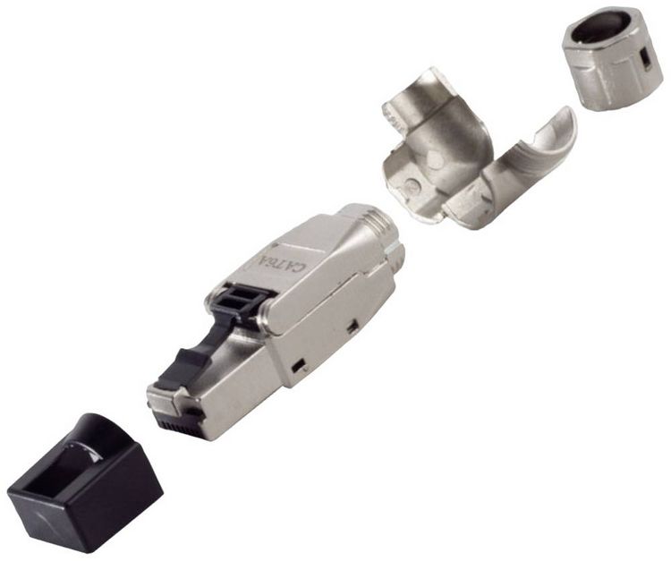 Produktbild: BKL Electronic RJ45 Winkelstecker, werkzeuglos, STP, CAT 6A 10121202 Stecker, gerade Polzahl Sensoren 8P8C Silber 1 St.