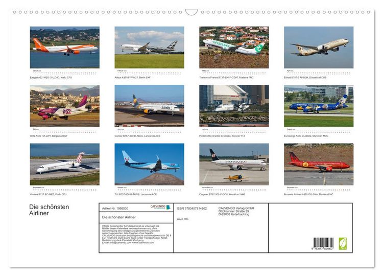 Produktbild: Die sch&ouml;nsten Airliner (Wandkalender 2026 DIN A2 quer), CALVENDO Monatskalender
