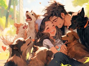 Produktbild: CALVENDO Puzzle Lass sie uns alle mitnehmen - P&auml;rchen im Manga Style inmitten von Welpen | 2000 Teile Lege-Gr&ouml;&szlig;e 90x67cm Foto-Puzzle f&uuml;r gl&uuml;ckliche Stunden