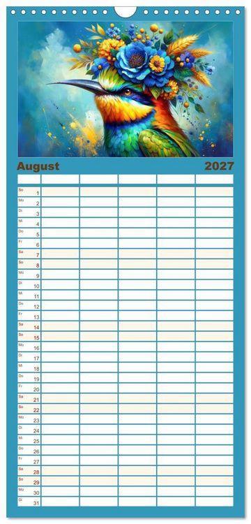 Produktbild: Familienplaner 2027 - Blumige Vogelportr&auml;ts mit 5 Spalten (Wandkalender, 21 x 45 cm) CALVENDO