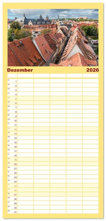 Produktbild: Familienplaner 2026 - Romantisches Erfurt - Reise durch das sch&ouml;ne Th&uuml;ringen mit 5 Spalten (Wandkalender, 21 x 45 cm) CALVENDO