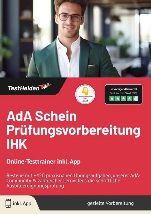 Produktbild: AdA Schein Pr&uuml;fungsvorbereitung IHK: Online-Testtrainer inkl. App | Bestehe mit +450 praxisnahen &Uuml;bungsaufgaben, unserer AdA-Community & zahlreicher Lernvideos die schriftliche Ausbildereignungspr&uuml;fung