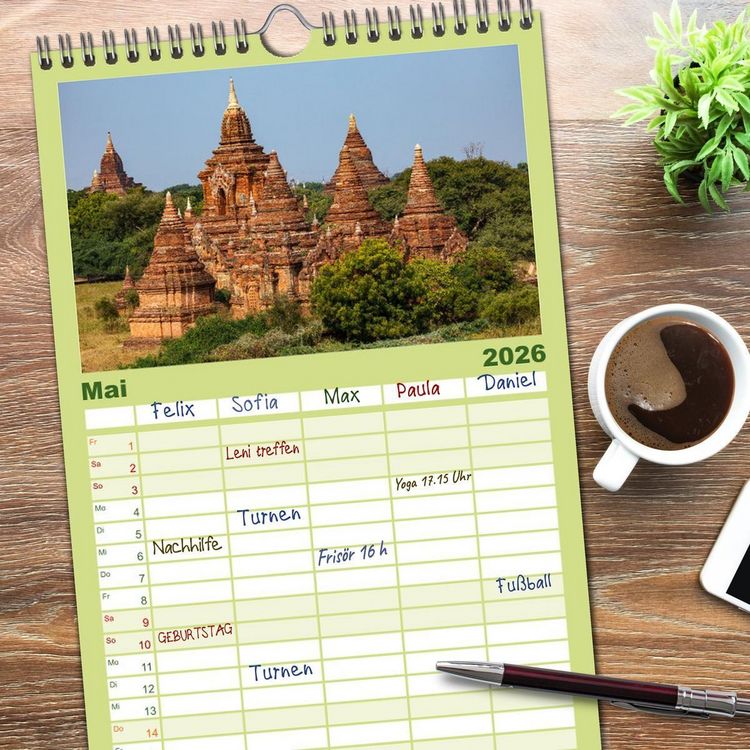 Produktbild: Familienplaner 2026 - Wunderbares Myanmar mit 5 Spalten (Wandkalender, 21 x 45 cm) CALVENDO