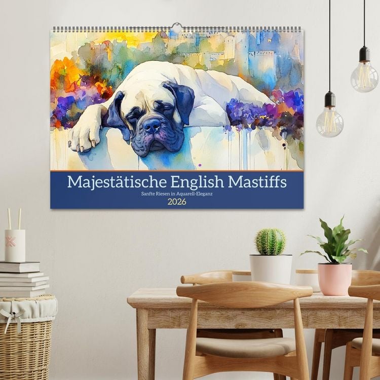 Produktbild: Majest&auml;tische English Mastiffs. Sanfte Riesen in Aquarell-Eleganz (Wandkalender 2026 DIN A2 quer), CALVENDO Monatskalender