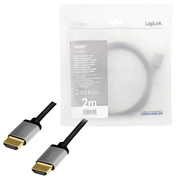 Produktbild: LogiLink HDMI AV Anschlusskabel [1x HDMI-Stecker - 1x HDMI-Stecker] 2m Schwarz-Grau