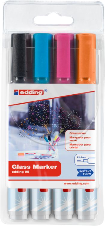 Produktbild: EDDING&reg; Glasboard Marker 95, 4er Set (schwarz, hellblau, rosa, orange)