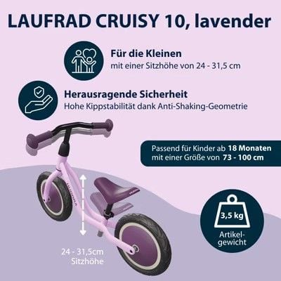Produktbild: HUDORA 10921 - Laufrad Cruisy 10 lavender, f&uuml;r Kinder von 73-100 cm, Sitzh&ouml;he: 24-31,5 cm