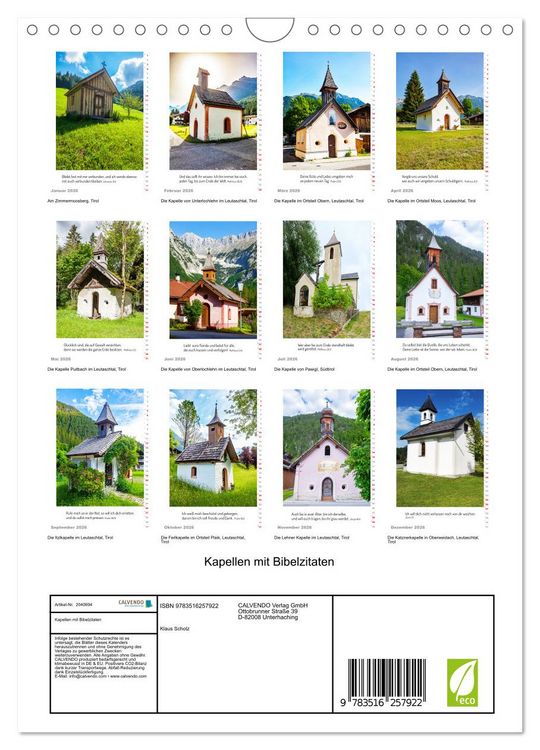 Produktbild: Kapellen mit Bibelzitaten (Wandkalender 2026 DIN A4 hoch), CALVENDO Monatskalender