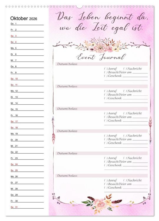 Produktbild: Geburtstagsplaner Boho Rosa - F&uuml;r Termine, Geschenke, Eventdetails & mehr (hochwertiger Premium Wandkalender 2026 DIN A2 hoch), Kunstdruck in Hochglanz