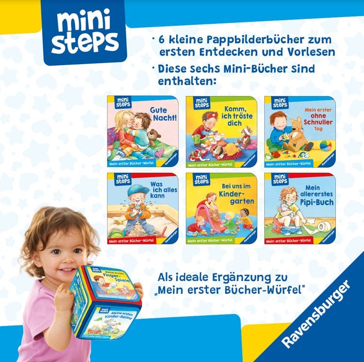 Produktbild: ministeps Mein erster B&uuml;cher-W&uuml;rfel: T&ouml;pfchen, Schnuller, Gute Nacht (B&uuml;cher-Set) - ab 18 Monate