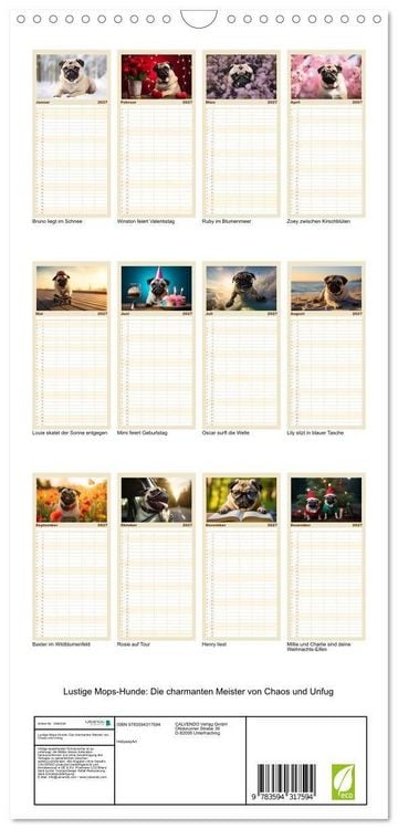 Produktbild: Familienplaner 2027 - Lustige Mops-Hunde: Die charmanten Meister von Chaos und Unfug mit 5 Spalten (Wandkalender, 21 x 45 cm) CALVENDO