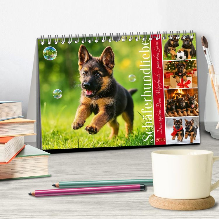 Produktbild: Sch&auml;ferhundliebe - Deine t&auml;gliche Dosis Welpenfreude &ndash; ganz ohne Gassi. (Tischkalender 2026 DIN A5 quer), CALVENDO Monatskalender