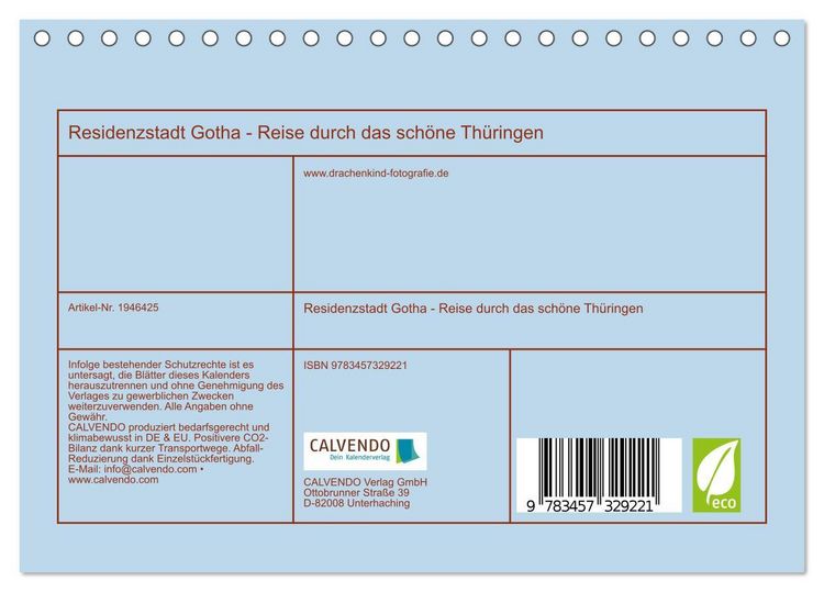 Produktbild: Residenzstadt Gotha - Reise durch das sch&ouml;ne Th&uuml;ringen (Tischkalender 2026 DIN A5 quer), CALVENDO Monatskalender