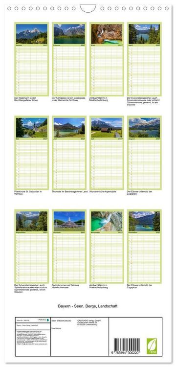Produktbild: Familienplaner 2027 - Bayern - Seen, Berge, Landschaft mit 5 Spalten (Wandkalender, 21 x 45 cm) CALVENDO