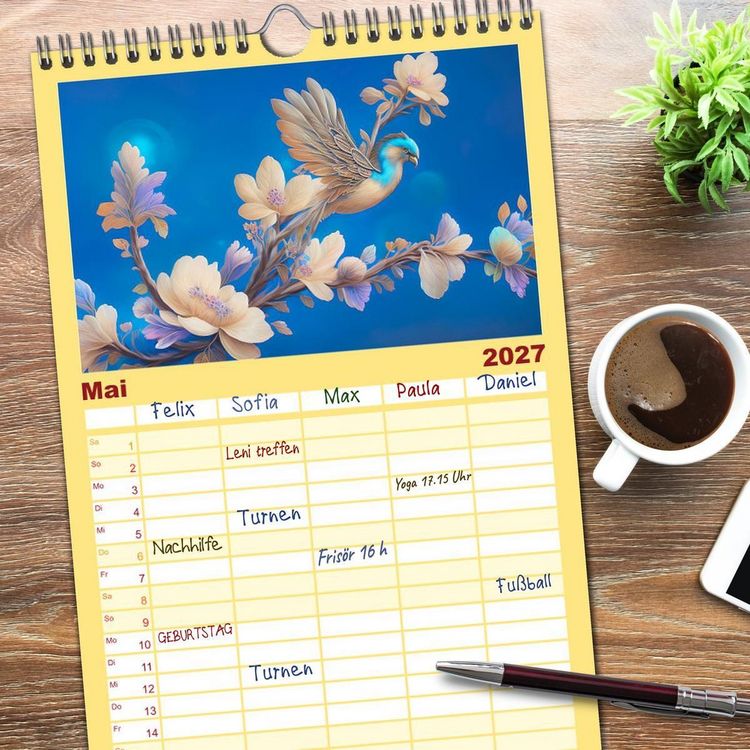 Produktbild: Familienplaner 2027 - Zauberhafte Paradiesv&ouml;gel mit 5 Spalten (Wandkalender, 21 x 45 cm) CALVENDO