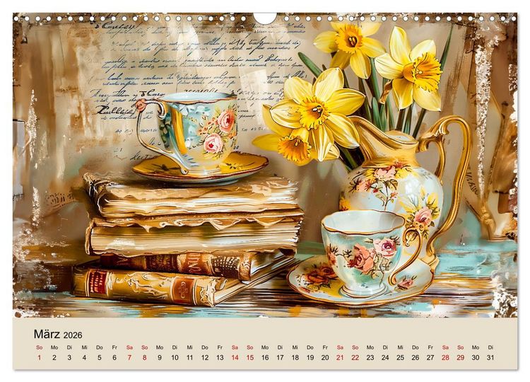 Produktbild: Shabby Chic Romantik - Vintage Tassen, Blumen und nostalgische Briefe (Wandkalender 2026 DIN A3 quer), CALVENDO Monatskalender