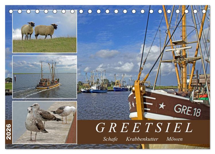 Produktbild: GREETSIEL - Schafe - Krabbenkutter - M&ouml;wen (Tischkalender 2026 DIN A5 quer), CALVENDO Monatskalender
