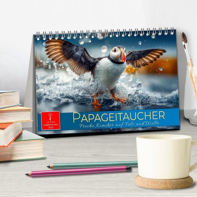 Produktbild: Papageitaucher - Freche Komiker auf Fels und Welle (Tischkalender 2026 DIN A5 quer), CALVENDO Monatskalender