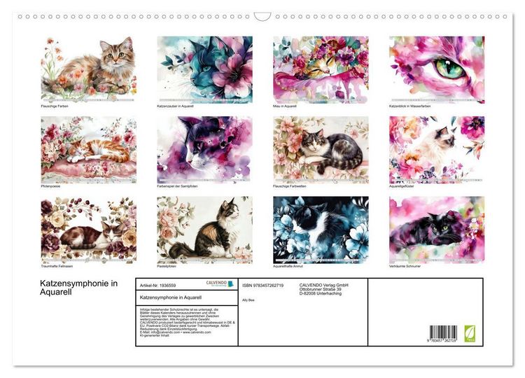 Produktbild: Katzensymphonie in Aquarell (Wandkalender 2026 DIN A2 quer), CALVENDO Monatskalender