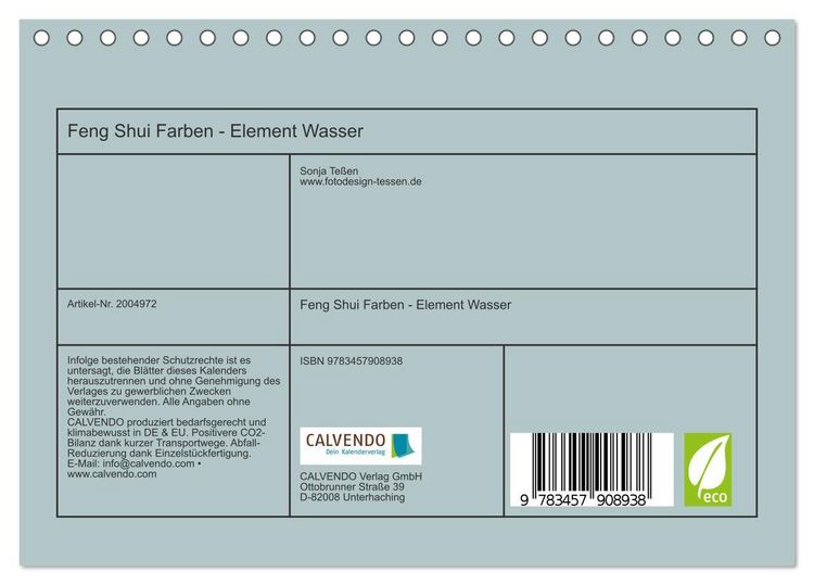 Produktbild: Feng Shui Farben - Element Wasser (Tischkalender 2026 DIN A5 quer), CALVENDO Monatskalender