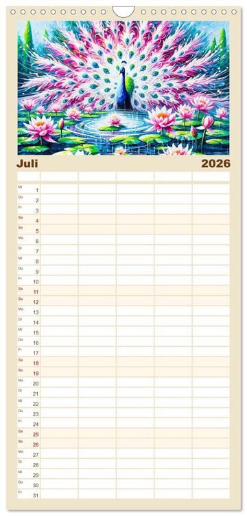 Produktbild: Familienplaner 2026 - Tanz der Pfauen - Jahreszeiten in abstrakter Eleganz mit 5 Spalten (Wandkalender, 21 x 45 cm) CALVENDO